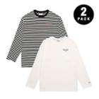 Set Of 2: Stripe & Printed T-shirt Stripe - Black - One Size / White - One Size