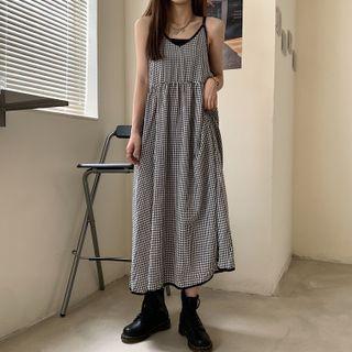 Spaghetti-strap V-neck Plaid Dress Black - One Size