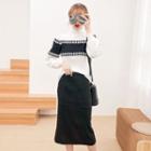 Set: Mock-neck Color Block Sweater + Midi Knit Skirt