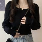 Square-neck Puff-sleeve Cropped Top Black - One Size