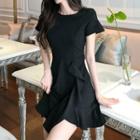 Short-sleeve Ruffle Hem A-line Mini Dress Black - One Size