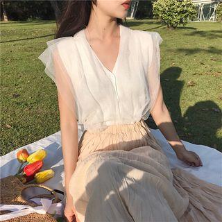 Mesh Panel Short-sleeve Knitted Top
