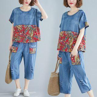 Set: Print Panel Denim Top + Capri Straight Leg Jeans