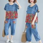 Set: Print Panel Denim Top + Capri Straight Leg Jeans