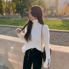 Turtleneck Applique Long-sleeve Rib Knit Top