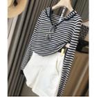 Long-sleeve Striped Hooded Knit Top As Figure - One Size