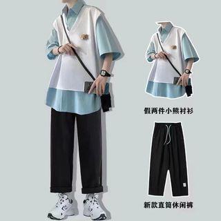 Set: Short-sleeve Collar Mock Two-piece T-shirt + Pants