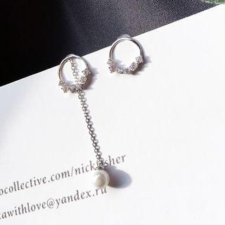 925 Sterling Silver Asymmetric Faux Pearl Rhinestone Drop Earring 1 Pair - Silver - One Size