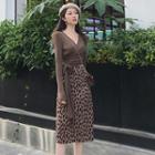 Set: Long-sleeve Wrap Cropped T-shirt + Leopard Print Midi A-line Skirt