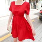 Square-neck Puff-sleeve Flare Dress Red - One Size