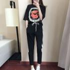 Set: Printed Elbow-sleeve T-shirt + Sports Pants