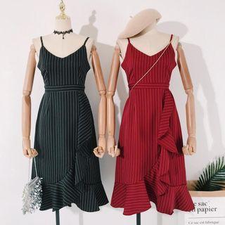 Ruffle Trim Striped Spaghetti Strap A-line Dress