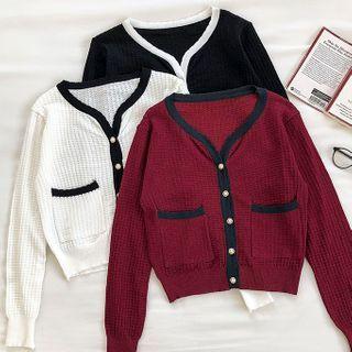 Color-block Trim V-neck Long-sleeve Knit Cardigan
