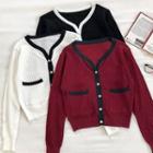 Color-block Trim V-neck Long-sleeve Knit Cardigan