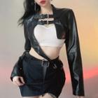 Cropped Buckled Faux Leather Jacket