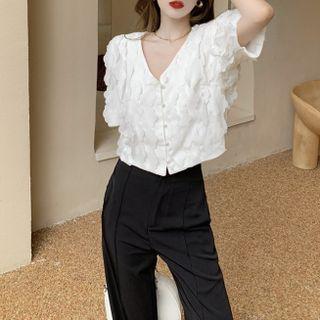 Short-sleeve Button-up Blouse / Wide Leg Dress Pants