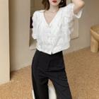 Short-sleeve Button-up Blouse / Wide Leg Dress Pants