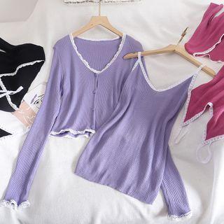 Set: Spaghetti Strap Lace Trim Knit Top + Long-sleeve Buttoned Top
