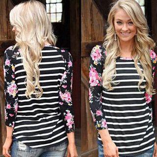 Long-sleeved Floral Print Crewneck Striped Slim T-shirt