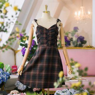 Tie-shoulder Shirred Plaid A-line Dress