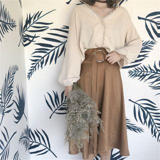 Long-sleeve Lace Trim Blouse / Buckled Midi A-line Skirt