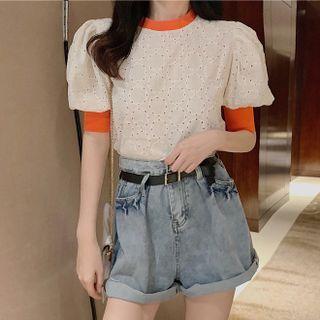 Puff-sleeve Eyelet Blouse Orange - One Size