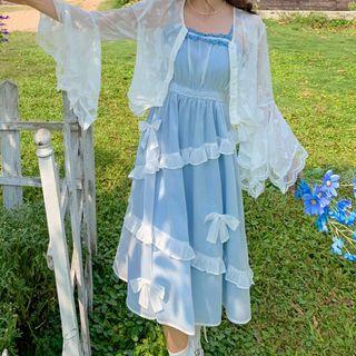 Ruffle Trim Bow Spaghetti-strap Midi Dress Blue - One Size