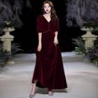 Elbow-sleeve V-neck Velvet A-line Gown