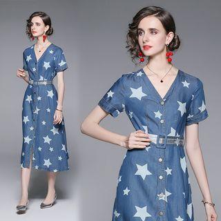 Short-sleeve Star Pattern Denim Dress