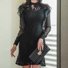 Long-sleeve Chiffon Panel Ruffle Hem Mini Bodycon Lace Dress