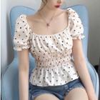 Square-neck Dotted Short-sleeve Top As Shown In Figure - One Size