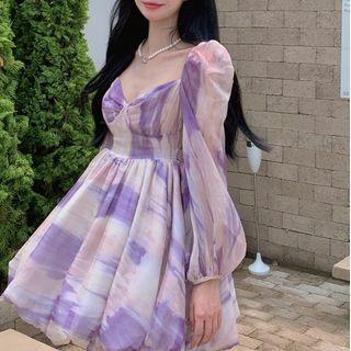 Balloon-sleeve Color Block Mini A-line Dress