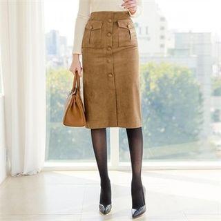 Faux-suede Button-front Midi Skirt