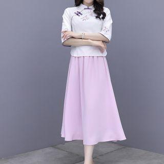 Set: Mandarin Collar Embroidered Blouse + Midi A-line Skirt