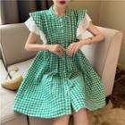 Plaid Lace-trim Short-sleeve Dress Green - One Size