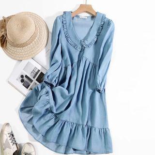 Long-sleeve Ruffled Denim A-line Dress
