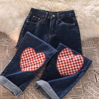 Check Heart Print Wide Leg Jeans