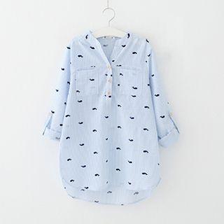 Whale Print Striped Half Placket Shirt