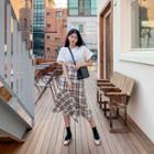 Set: Print T-shirt + Plaid Midi Mermaid Skirt White - One Size