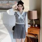 Houndstooth Knit Vest / Long-sleeve Blouse / Pleated Skirt