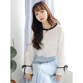 Beribboned-cuff Contrast-trim Chiffon Top