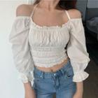 3/4-sleeve Tie-strap Shirred Cropped Blouse White - One Size