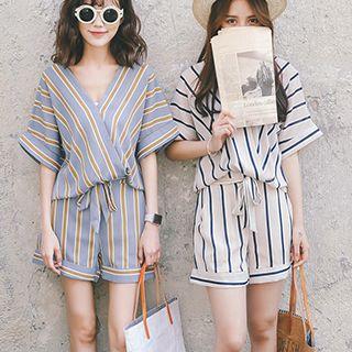 Set: Striped V-neck Blouse + Shorts