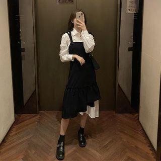 Plain Shirt / Irregular Hem Midi Pinafore Dress / Set