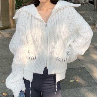 Cropped Zip-up Cardigan Cardigan - White - One Size