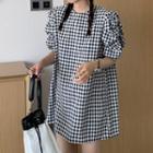 Puff-sleeve Shirred Gingham A-line Dress