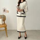 Set: Contrast-trim Knit Top + Knit Long H-line Skirt
