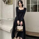 Long-sleeve Square Neck Knit Midi Dress