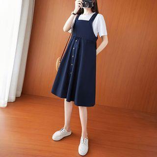 Drawstring-waist Button Midi A-line Pinafore Dress