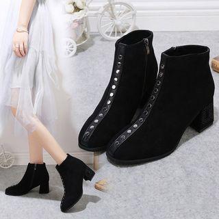 Velvet Rivet Block-heel Ankle Boots